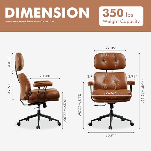 High Back Executive Office Chair with Comfortable Deep Seat,Brown PU Leather Modern Office Chair,Ergonomic Big and Tall Computer Desk Chair with Lumbar Support(Light Brown) weaxty W