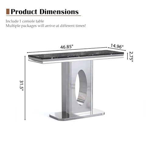 ModaWhly 47 Inch Console Table with Black Rectangular Faux Marble Top, Modern Sofa Entryway Table with Silver Stainless Steel Base for Living Room, Hallway, Entrance ModaWhly