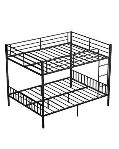 Feetice Queen Over Queen Bunk Bed, Heavy Duty Metal Bunk Bed with PVC Anti-Slip Ladder & Full-Length Guardrails, Noise-Free Bunk Bed Frame for Adults, Teens, Black Feetice