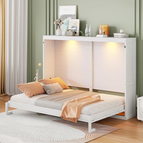 Polibi Queen Size Murphy Bed Wall Bed Cabinet with LED Lights, Space Saving Folding Bed for Home Office and Guest Room, Easy Pull-Down Mechanism, White Polibi