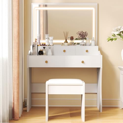 COMHOMA Makeup Vanity Desk with Mirror and Lights, Vanity Table and Chair Set with 5 Drawers and Charging Station, Bedroom Dresser LED Mirror Stepless Dimmable & 3 Color Modes Adjustable, Pearl White COMHOMA