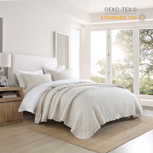 HORIMOTE HOME 100% Linen Front/100% Cotton Back Quilt Set Twin Size, Beige Pre-Washed European Flax Linen Quilt, Diamond Stitch Bedspread Coverlet Bedding Set 2-Piece for All Seasons HORIMOTE HOME