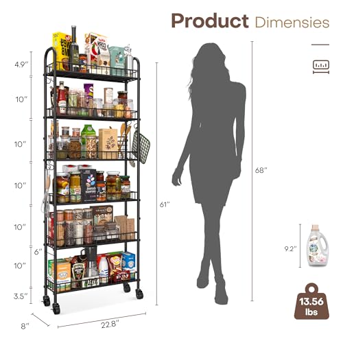 Qiaoxuan 6 Tier Slim Storage Cart with Wheels, Metal Mobile Shelving Unit Organizer Utility Cart for Office Bathroom Kitchen Laundry Room Narrow Places (6inches) Qiaoxuan