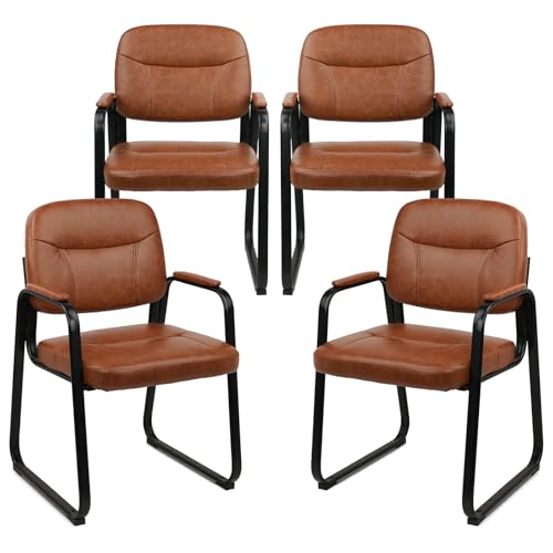CLATINA Waiting Reception Chairs No Wheel, Leather Guest Chair with Padded Arms, Modern Brown Office Desk Chairs with Sled Base for Office Meeting Conference Room Lobby Home Living Room (4 Pack) CLATINA