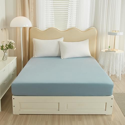 VM VOUGEMARKET Foggy Blue Twin Fitted Sheet 1 Piece,100% Cotton Blue Single Bottom Sheet with 15" Deep Pocket,Comfortable and Breathable Mattress Cover VM VOUGEMARKET