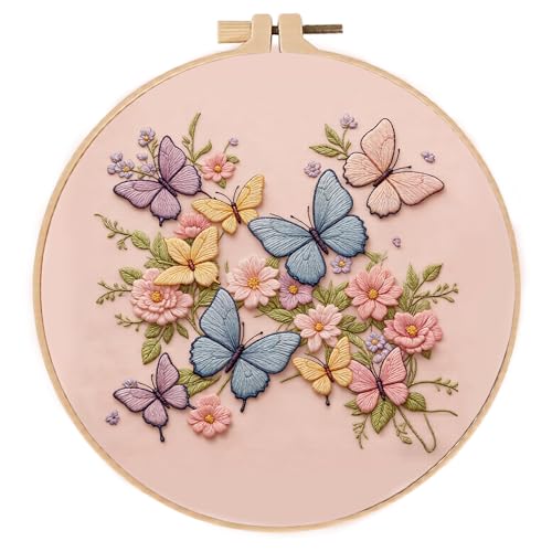 Embroidery Kit for Beginners & Adults Starter Kit, Cross Stitch Kits,DIY Hand Embroidery Needlepoint Set with Hoop, Pre-Printed Fabric, Threads and Instructions (Butterfly)
