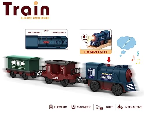 Battery Operated Train for Wooden Track, 3Pcs Train Toy Set for 3 4 5+Years Old Boy Girl Toddlers, Motorized Train Accessories Electric Train Compatible with Thomas & Friends, Brio and Chuggington Z MAYABBO