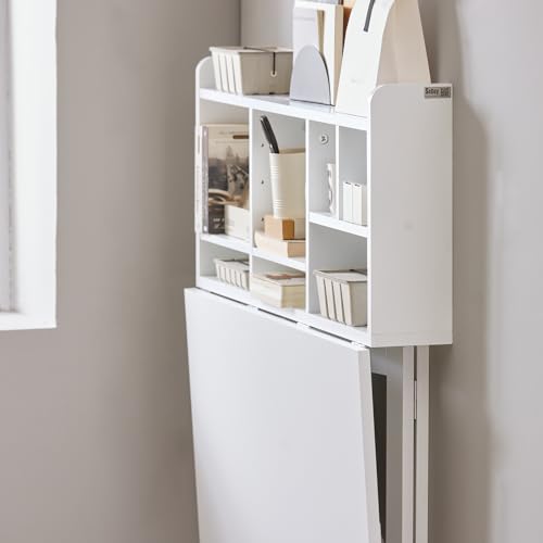 Haotian Wall Mounted Folding Table Drop-Leaf Floating Trestle Desk Computer Writing Workstation with Storage Compartments, White FWT07-II-W Haotian