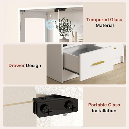 Lamtor Glass Display Cabinet with Doors - Curio Cabinet with Dynamic LED Lights for Collectibles, 67" Display Case with 4 Tier and Drawers for Figure, Toys, Books, White Lamtor