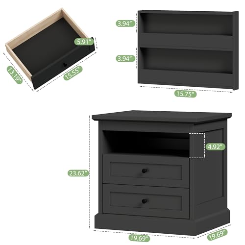 Gyfimoie Nightstand with Hidden Storage Space, Night Stand, End Table with Side Drawer, Bedside Table with Open Shelf, 2 Drawers Dresser for Bedroom, Living Room, Closet (Black) Gyfimoie