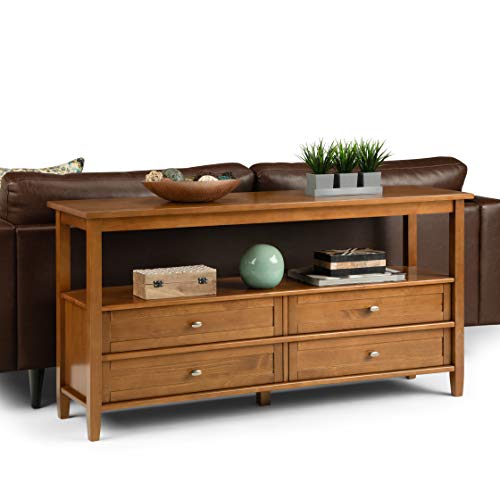 SIMPLIHOME Warm Shaker Wide Console Table - 60 Inch Wide Solid Wood Sofa Table in Light Golden Brown, Transitional Storage Table for Living Room with 4 Drawers, Open Shelf, and Brushed Nickel Knobs SIMPLIHOME