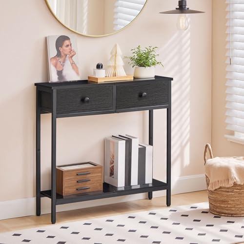 HOOBRO 29.5" Narrow Console Table with 2 Fabric Drawers, Small Entryway Table with 2-Tier Storage Shelves, Sofa Table, Behind Couch Table, for Living Room, Hallway, Black BB71XG01 HOOBRO