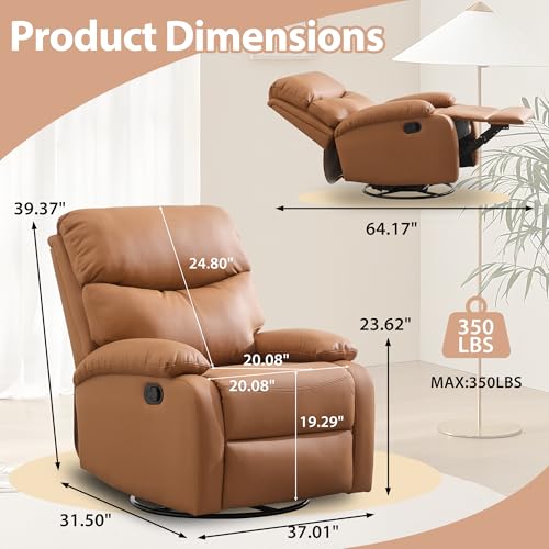 Chizzyseat Genuine Leather Rocker Recliner Modern Manual Swivel Glider Recliner with Adjustable Backrest & Footrest Wall Hugger Swivel Rocking Recliner Chair for Modern Living Room and RV Warm Brown