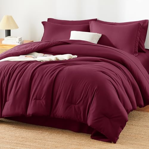HIMEET Full Size Comforter Sets - 7 Pieces Bed in a Bag Full, Luxury Comforter Set with Sheets for All Season, Bed Set with Comforter, Flat Sheet, Fitted Sheet, Pillowcases & Shams, Burgundy HIMEET