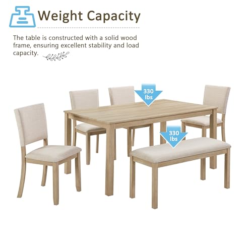 LUMISOL 6-Piece Dining Table Set with Bench and Chairs, Farmhouse Kitchen Table Set for 6 People, Wooden Table and Chairs Set for Kitchen, Dining Room, Light Oak+Beige LUMISOL