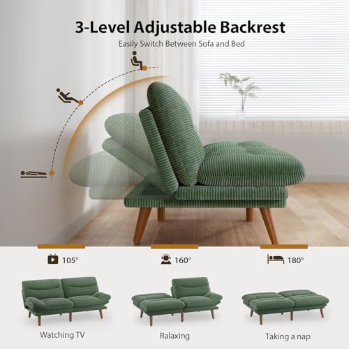 Pipishell Futon Sofa Bed, 75 Inch Corduroy Futon Couch Convertible with Adjustable Backrest and Armrests, Recliner Sleeper Sofa for Small Spaces, Living Room, Office, Guest Room (Green, 75 Inch) Pipishell