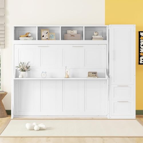 Virubi Queen Horizontal Murphy Bed with Storage Wardrobe Closet,2 Drawer,4 Storage Shelves,Wood Folding Murphy Wall Bed Cabinet for Adult (Grey,Queen) Virubi