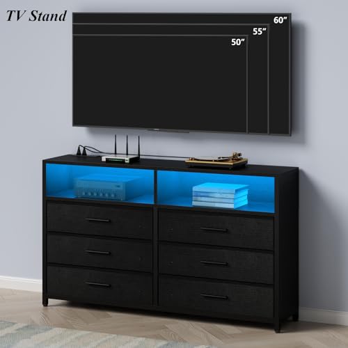 Loomie 6 Drawers Dresser with Power Outlets and LED Lights, Black Dresser with 2 Top Cubby, Tall Wide Fabric Double Chest of Drawers,Modern Dresser Tv Stand for up to 60" TV for Bedroom, Living Room Loomie