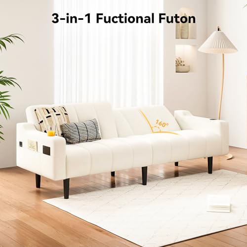 Chfeloai 80'' Futon Sofa Bed, Faux Leather Sleeper Couch, Convertible Loveseat with Adjustable Sofa Backrest, Modern Couches for Living Room, Bed Room, Apartment, Office (Beige) Chfeloai
