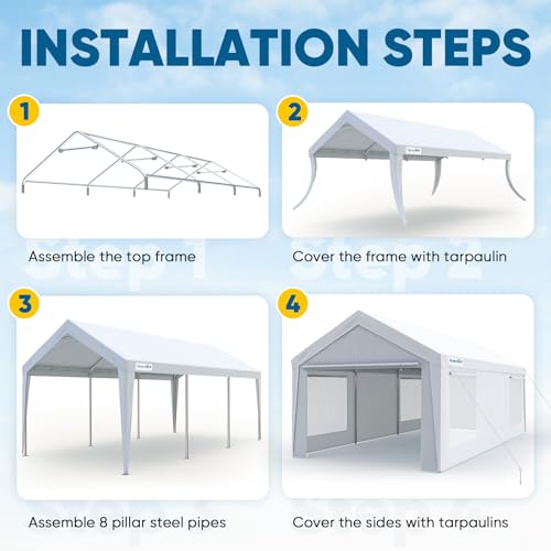Quictent Upgraded 12x20 ft Heavy Duty Galvanized Carport - Reinforced Outdoor Garage Canopy Tent with Roll-up Ventilated Windows & Sidewalls, Weatherproof Shelter for Car, Boat, RV - White Quictent