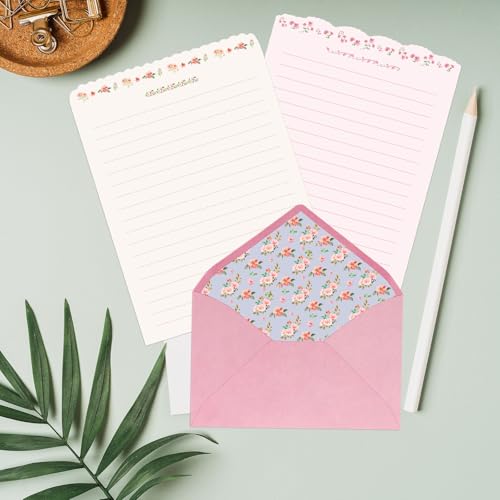 KSIWRE Stationary Paper and Envelopes Set, 24 PCS Writing Stationery Paper with 12 PCS Envelopes, Warm Floral Themed Envelope and Stationery Design for Invitations Gift Decorations Holiday Party KSIWRE