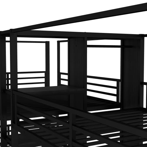 Full Size Quadruple Metal Bunk Bed with Wardrobe & Storage Shelves, Quadruple Metal Bunk Bed Frame with Noise-Reduced Design (Black/Full) MERITLINE