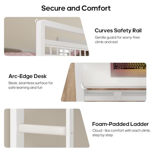 HAUOMS Bunk Bed for Small Space, Twin Over Twin Bunk Beds with Desk, Power Outlets, RGB LED Lights, Storage, Metal Beds with Safety Guardrail & Ladders, No Box Spring Needed (White, No Drawer) HAUOMS