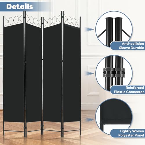 DUMOS 4 Panel Partition Room Divider, 6 Ft Tall Folding Privacy Screen, Freestanding Partition with Steel Frame, Easy Move & Storage, for Home, Office, Bedroom, Black DUMOS