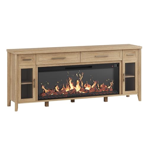 BELLEZE 74 Inch Rustic TV Stand with 48" Electric Fireplace, Extra Large Entertainment Center with Storage Cabinets & 4 Drawers, Media Console Table for Living Room Bedroom (Camel) BELLEZE