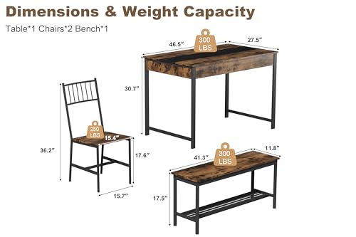 IDEALHOUSE Dining Table Set for 4, Small Kitchen Table and 2 Chairs for 4 with Bench, Breakfast Nook Rectangular Farmhouse Table Set, Space Saving Kitchen Table Set with Storage Drawers, Retro Brown IDEALHOUSE