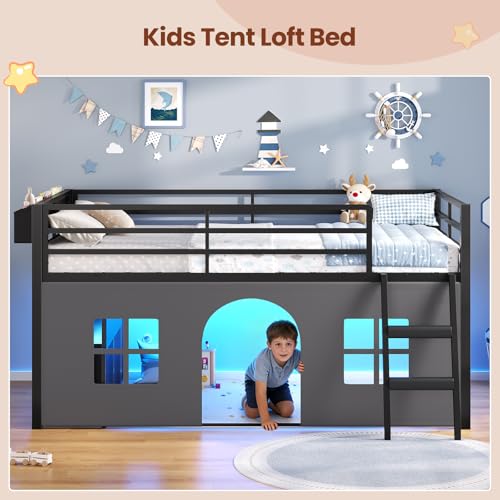 ADORNEVE Low Loft Bed Twin Size with Tent, 5 Storage Drawers, LED Lights, Metal Kids Loft Bed with Bookcase & Under-Bed Play Space,Twin Loft Beds with 13.8''H Safety Guardrail,Inclined Ladder, Black ADORNEVE