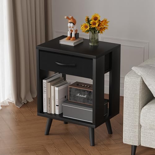 GYIIYUO Nightstands Set of 2 with Fabric Storage Drawer and Open Wood Shelf, Side Table with Storage for Bedroom, Night Stand with Drawer for Bedroom, Bedside Tables - Black 24" H GYIIYUO