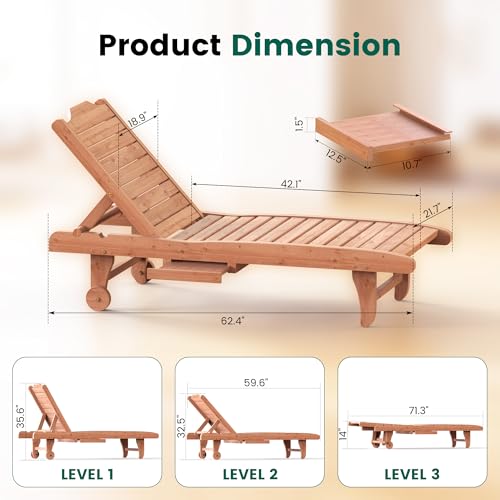 EUNHOO Wooden Chaise Lounge Chair, 3-Position Adjustable Outdoor Tanning Chair with Hidden Side Tray & Wheels, Poolside Patio Sun Chair