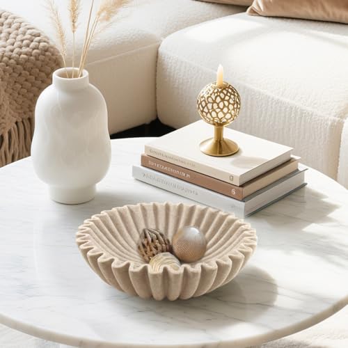 Plukers 10'' Scalloped Decorative Key Bowl for Entryway Coffee Table - Catchall Trinket Large Candy Fruit Purse Holder Kitchen Countertop Console Modern Home Decor, Artificial Stone Beige Plukers