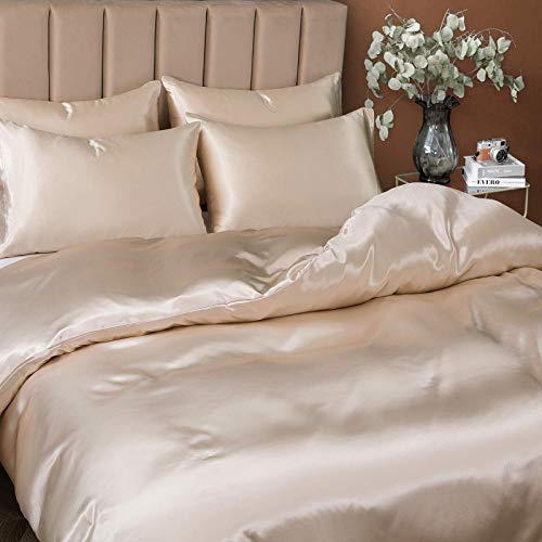 P Pothuiny 5 Pieces Satin Duvet Cover King Size Set, Luxury Silky Like Taupe Duvet Cover Bedding Set with Zipper Closure, 1 Duvet Cover + 4 Pillow Cases (No Comforter) P Pothuiny