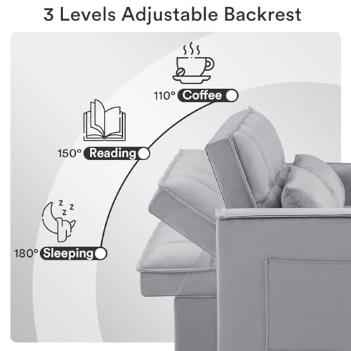Rovibek Futon Sofa Bed Pull Out 3 in 1 Sleeper Sofa Couch Bed Convertible Sleeper Loveseat with Side Table & Reclining Backrest, Pillows and Pockets, for Living Room Apartment Office Rovibek