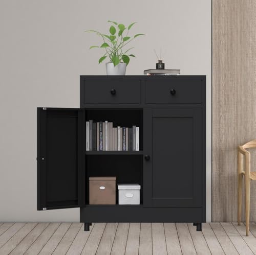 JINKUR Metal Storage Cabinet with 2 Drawers and Adjustable Shelf, Sideboard Buffet Cabinet for Home, Office, Hallway, Entryway, Living Room, Kitchen Pantry and Dining Room (Black) JINKUR