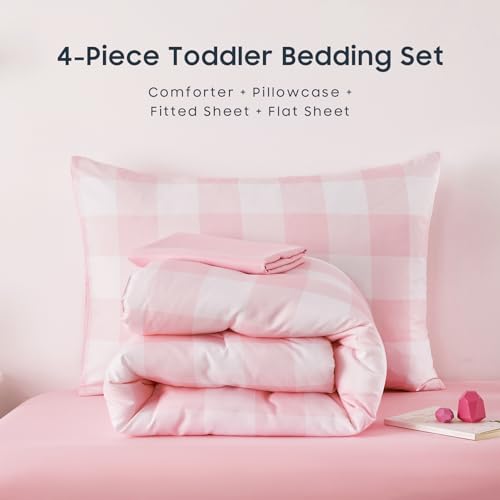 Wake In Cloud - Gingham Toddler Bedding Set for Girls Boys, Cute Plaid Buffalo Check, 4 Pieces Soft Crib Bed Set Including Comforter, Sheets and Pillowcase, Pink Wake In Cloud