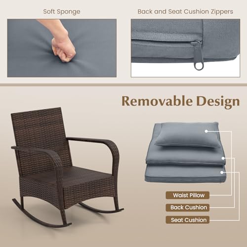 Tangkula 3 Pieces Rocking Bistro Set, Patiojoy Outdoor PE Rattan Rocker Chairs with Removable Cushions & Tempered Glass Top Coffee Table, Outdoor Wicker Furniture Set for Porch, Garden (Grey) Tangkula