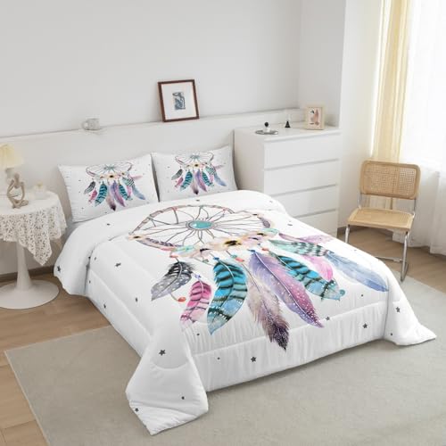 Dream Catcher Comforter Set Twin,Boho Chic Dreamcatcher Feather Bedding Set Watercolor Bohemian Flower Quilt Comforter For Kids Girls Teen Women,Native American Indian Duvet Set 2 Pcs Teal White Erosebridal