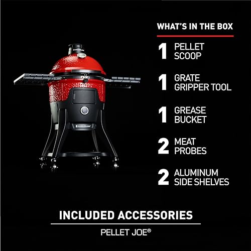 Kamado Joe Pellet Joe Grill, Classic Joe, 18-inch Ceramic Wood Pellet Grill and Smoker with Cart, Side Shelves, Stainless Steel Grates and 250 Cooking Square Inches in Red, Model KJ15260020 Kamado Joe