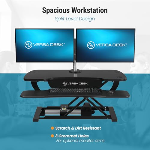 VERSADESK PowerPro™ 36 Inch Electric Standing Desk Converter, Height Adjustable Sit to Stand Up Desk Riser, Laptop and Dual Monitor Desktop Workstation with Wide Keyboard Tray and USB Port, Black VERSADESK