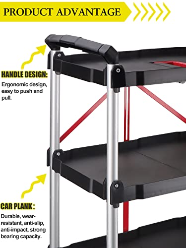 EBANKU Folding Collapsible Service Cart, Heavy Duty 3-Shelf Rolling Tool Cart, Supports Up to 150 lbs for Warehouse Storage, Garage, Cleaning EBANKU