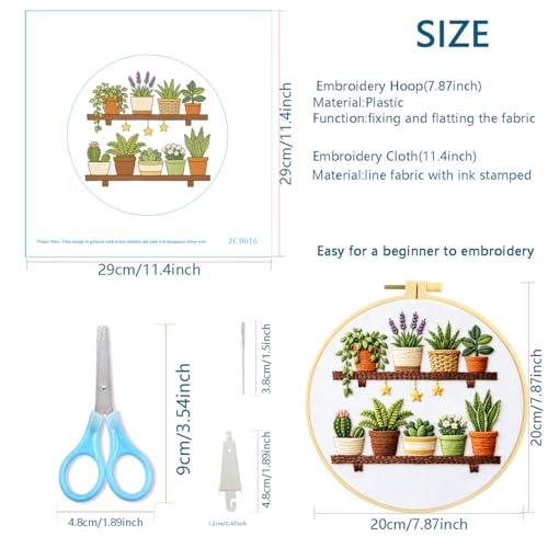 Zhenqing Plant Shelf Embroidery Kit for Beginners, Pre-Printed 29x29cm Circular Cotton Fabric with 20cm Hoop, Cozy Indoor Garden Design for Home Decor (JC0016)