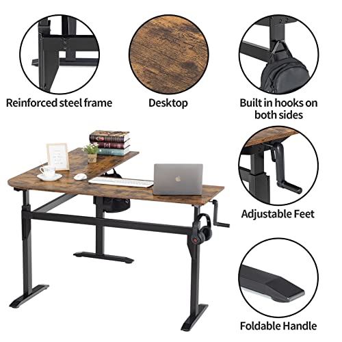 UNICOO – L Shaped Crank Height Adjustable Standing Desk, Sit to Stand up Corner Desk, L-Shaped Standing Workstation (XJH-LC-2 Packages) (Rustic Brown) UNICOO