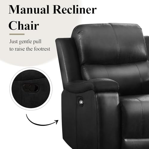 CANMOV Manual Recliner Chair, Classic Faux Leather Recliner Chair with Overstuffed Arms and Back, Manual Single Sofa with Concealed Cup Holders, Black