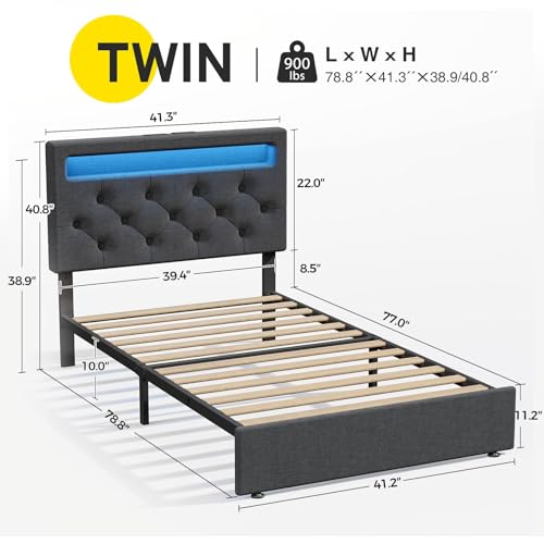 Rolanstar Twin Bed Frame with Charging Station, LED Bed with Under Bed Storage, Adjustable Headboard 38.9/40.8 Inches, No Box Spring Needed, Noise Free, Easy Assembly, Grey Rolanstar