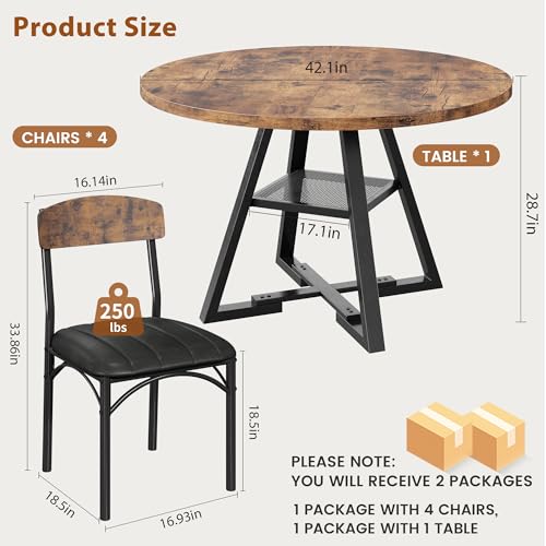 Round Dining Table Set for 4, Kitchen Table and Chairs for 4, Circle Table Round Pedestal Dining Room Dinner Dinette Table Set,5 Piece Space Saving Wood Kitchen & Dining Room Tables Set Furniture Jocoevol