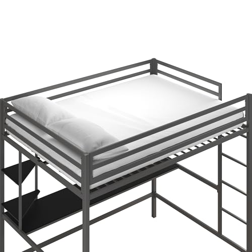 Novogratz Maxwell Grey/Black Metal Full Loft Bed with Integrated Desk & Shelves Novogratz