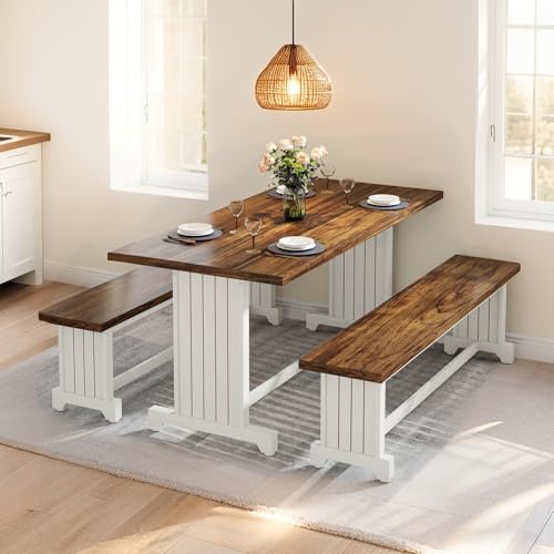 Tribesigns 47-Inch Small Dining Table Set for 2, 3-Piece Kitchen Table with 2 Benches, Farmhouse Wood Dinner Furniture for Narrow Space, Apartment, White & Rustic Brown Tribesigns